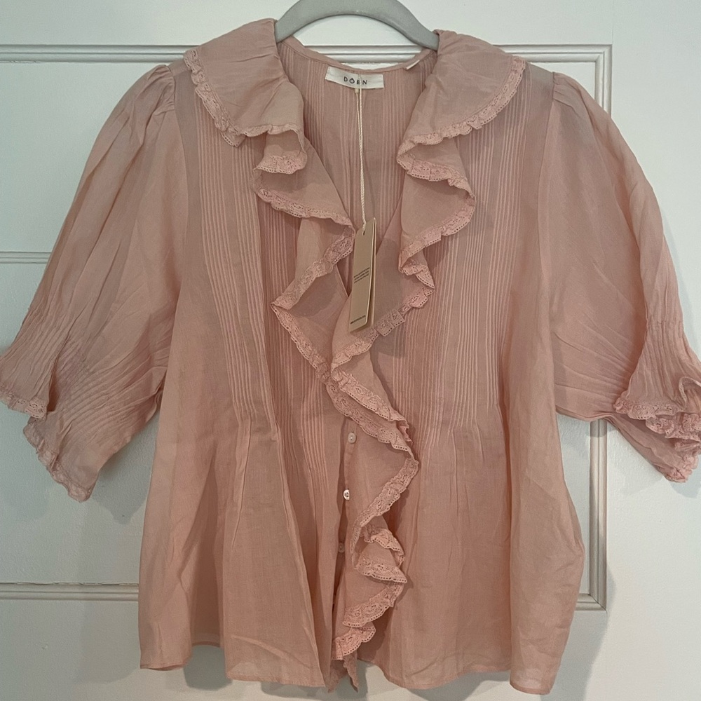 Doen Blush Pink Ruffle-Front Sheer Blouse